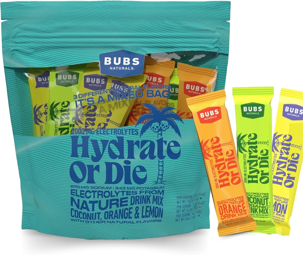 BUBS Naturals Hydration Powder Variety Pack Hydrate nebo Die Electrolyte Powder, All- Natural, Keto- Friendly, Gluten- Free, & No Sugar Added, Zvyšuje energii & Stamina Recovery, 18 Služeb