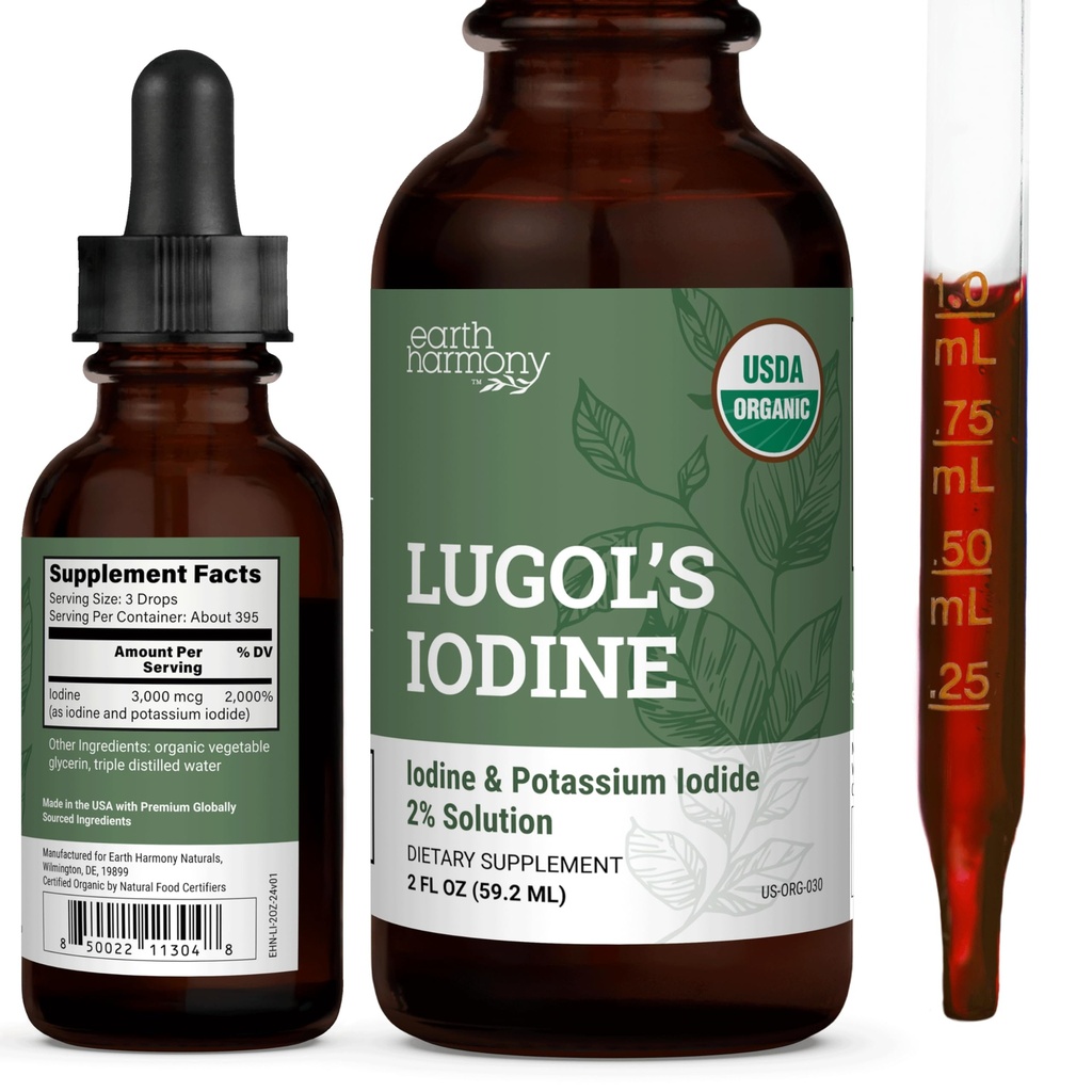 Organic Lugol 's jód, jód a draslík Iodide 2% Solution 3000 mcg - Liquid Supplement Kapky pro podporu štítné žlázy pro ženy a muže, Metabolismus Zdraví, Detox Boost - Non- GMO, 395 Servings (2 Oz)