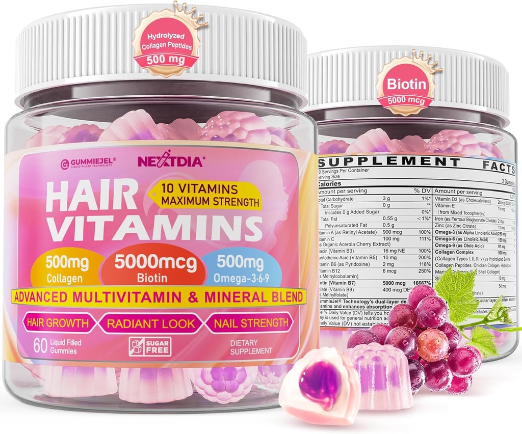 Růst vlasů Vitamíny Liquid- plněné gumové - Biotin 5000mcg, Hydrolyzované kolagen Peptidy, Omega 3-6-9, Hyaluronic Acid, Methylfolát, Methylkobalamin -Zdravé vlasy, kůže a nehty Dodatek pro ženy