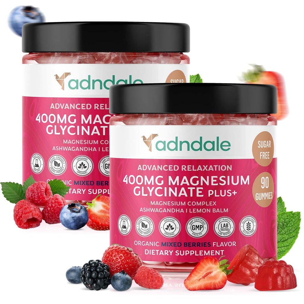 Adndale 180 CT Magnesium Glycinate Gummies 400 mg / Serv, s Ashwagandha, Magnesium Malate & Taurate, Cukr žvýkačky zdarma pro dospělé a děti.