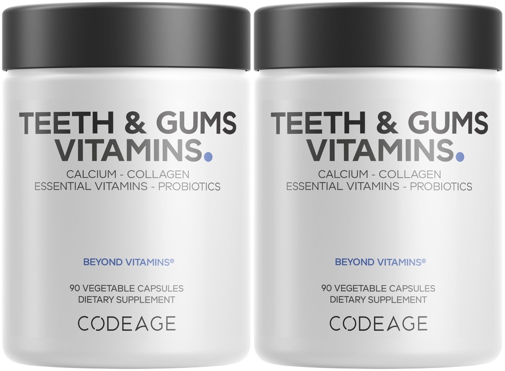 Kodeage zuby & Gums Vitaminy + ústní probiotika dodatek pro ústa - celé jídlo vápník, kolagen, draslík, vitamin C, D3, K2, zinek - Orální péče a zubní doplňky Multivitamin - 2 Pack