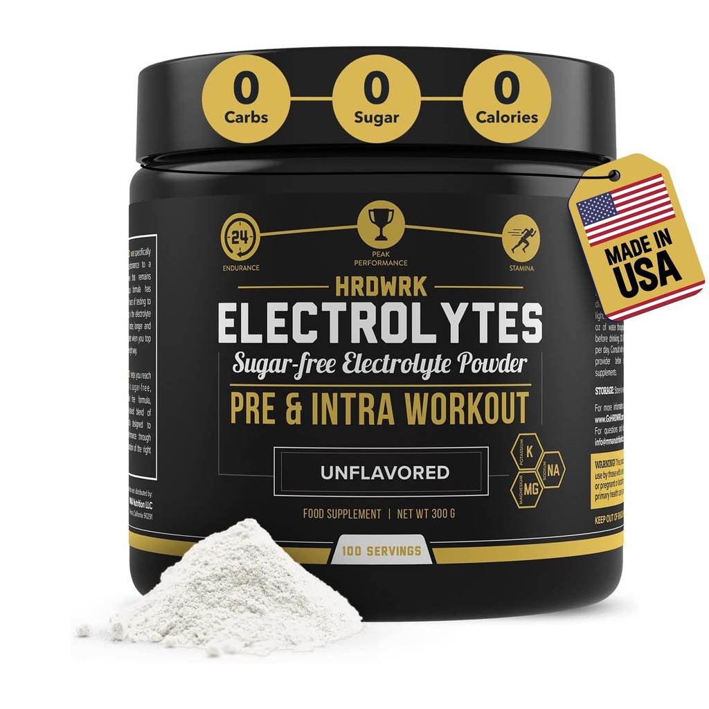 HRDWRK - Electrolytes Powder Keto Hydration Sugar Free with Magnesium, Draslík a Sodík - 100 Služeb 124; Zvýšení vytrvalosti a snížení únavy s tímto doplňkem elektrolytů - Maximální hydratace