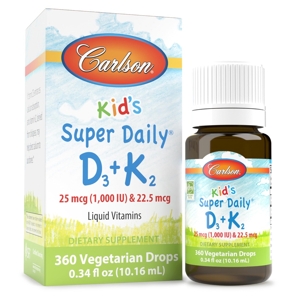Carlson - Kid 's Super Daily D3 + K2, 25 mcg (1000 IU) D3 & 22.5 mcg K2, Vitamin D Drops with Vitamin K2, Liquid Vitamins, 1000 IU Vitamin D3, Heart & Bone Health, 1- year Supply, Unflaused, 360 Drops