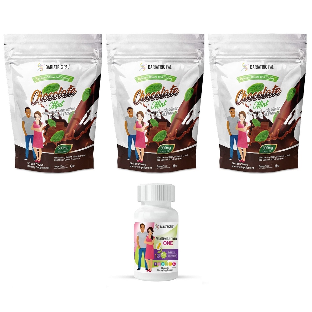 BariatricPal 90- Day Bariatric Vitamin Bundle (Multivitamin ONE 1 za den! Tobolka s 45 mg železa a vápníku Citrate Soft Chews 500 mg s probiotiky - čokoládová mincovna)