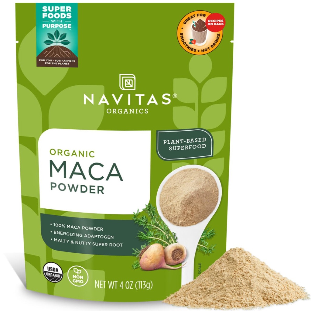 Navitas Organics Maca Powder - 100% Gelatinizované peruánské Maca pro Adaptogen Smoothies, Lattes, Pečení & More - Energize & Balance - USDA Organic, Non GMO, Vegan, Gluten Free (4oz. Bag, 23 Servings)