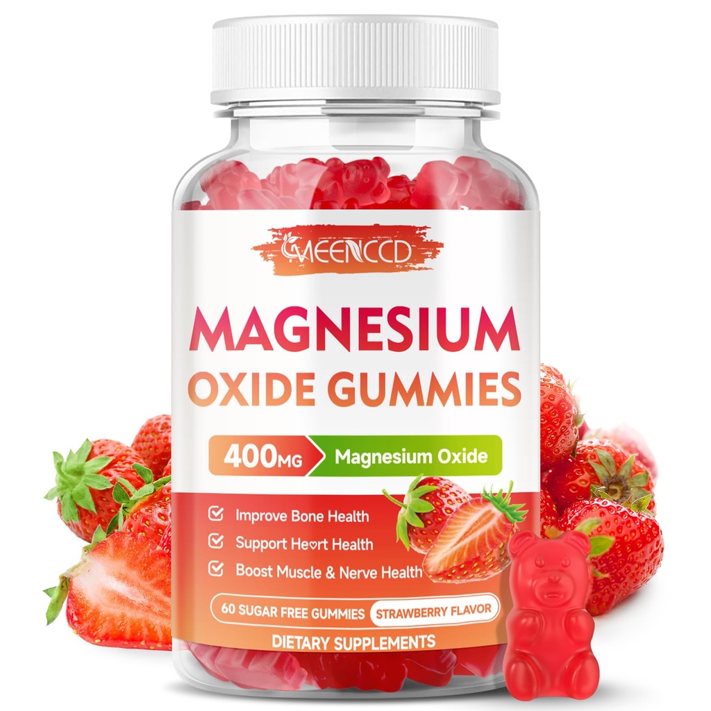 Oxid hořečnatý Gummies 400mg, Žvýkací oxid hořečnatý dodatek pro dospělé a děti, Nerve & Muscle Support, Non- GMO, Sugar- Free, Strawberry Flavor, 60 Počet