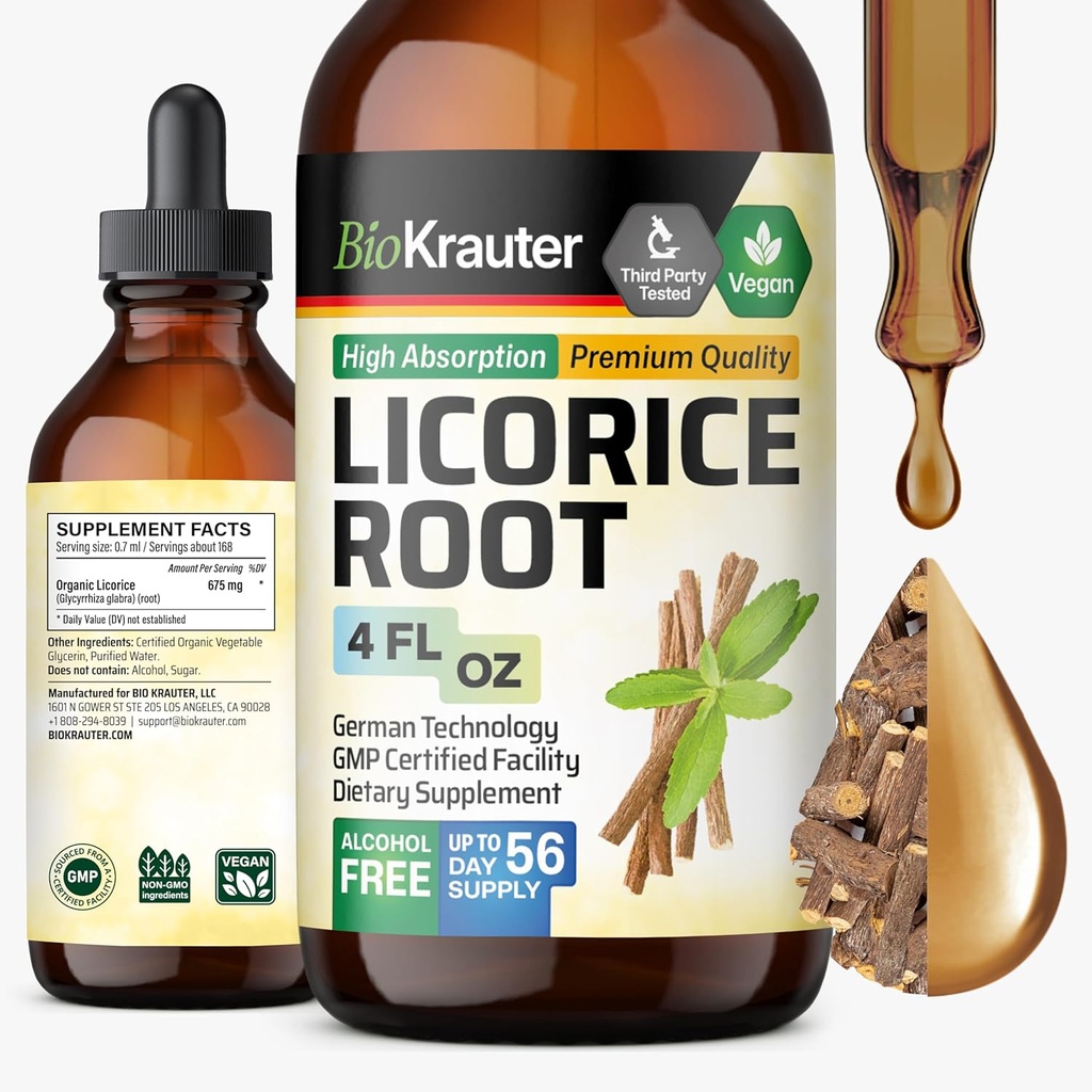 BIO KRAUTER Licorice Root Tincture - Licorice Root Extract for Digestive Support - Alkohol and Sugar Free - Vegan Drops 4 Fl.Oz.
