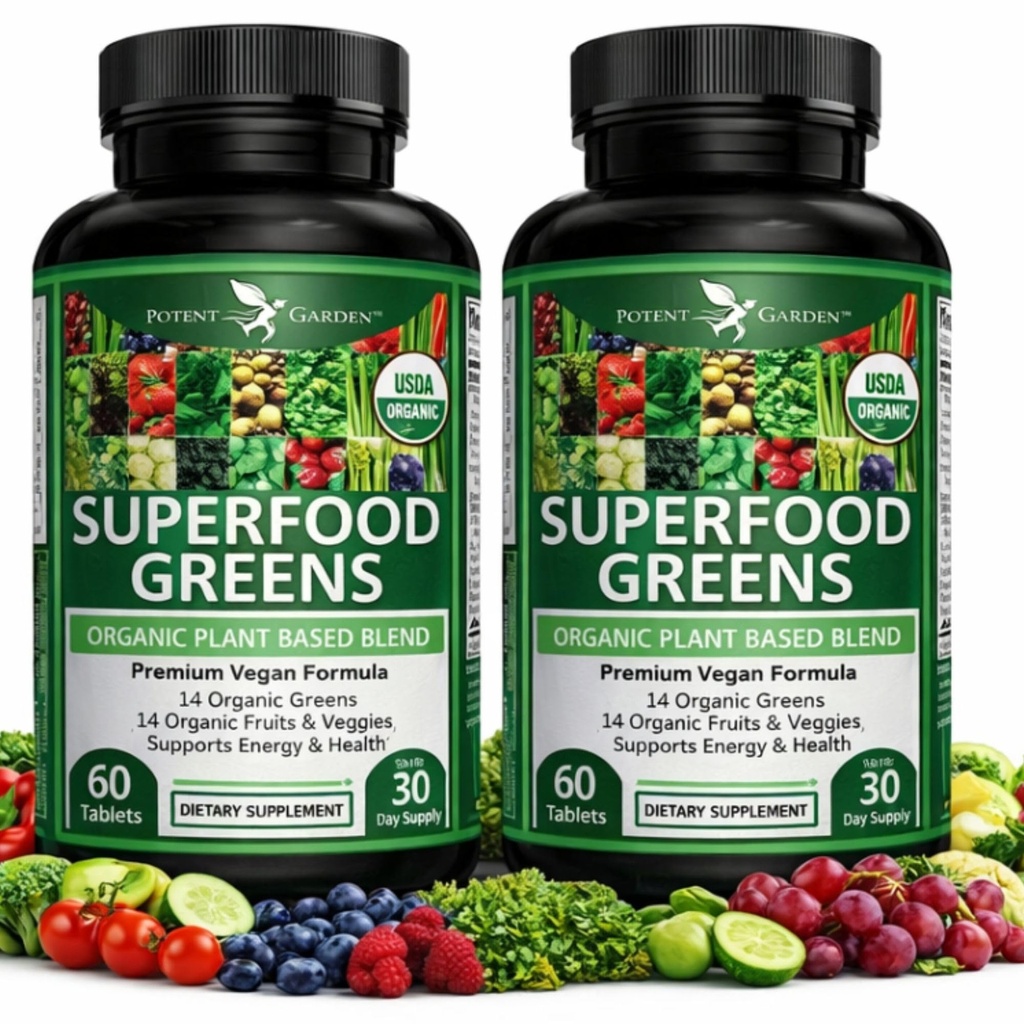 Potent Garden 2-Pack Organic Superfood Green, Ovoce a Veggie dodatek bohatý na vitamíny a antioxidanty s Alfalfa, Beet Root & Tart Cherry na zvýšení energie, imunita & Gut zdraví, 120 Ct