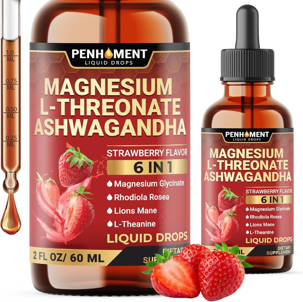 6in1 Magnesium L- Threonate Liquid Drops with Ashwagandha, Magnesium Glycinate and 3 More - Brain Support and Immunication - 2 Fl Oz for 30 Days - Jahodová příchuť