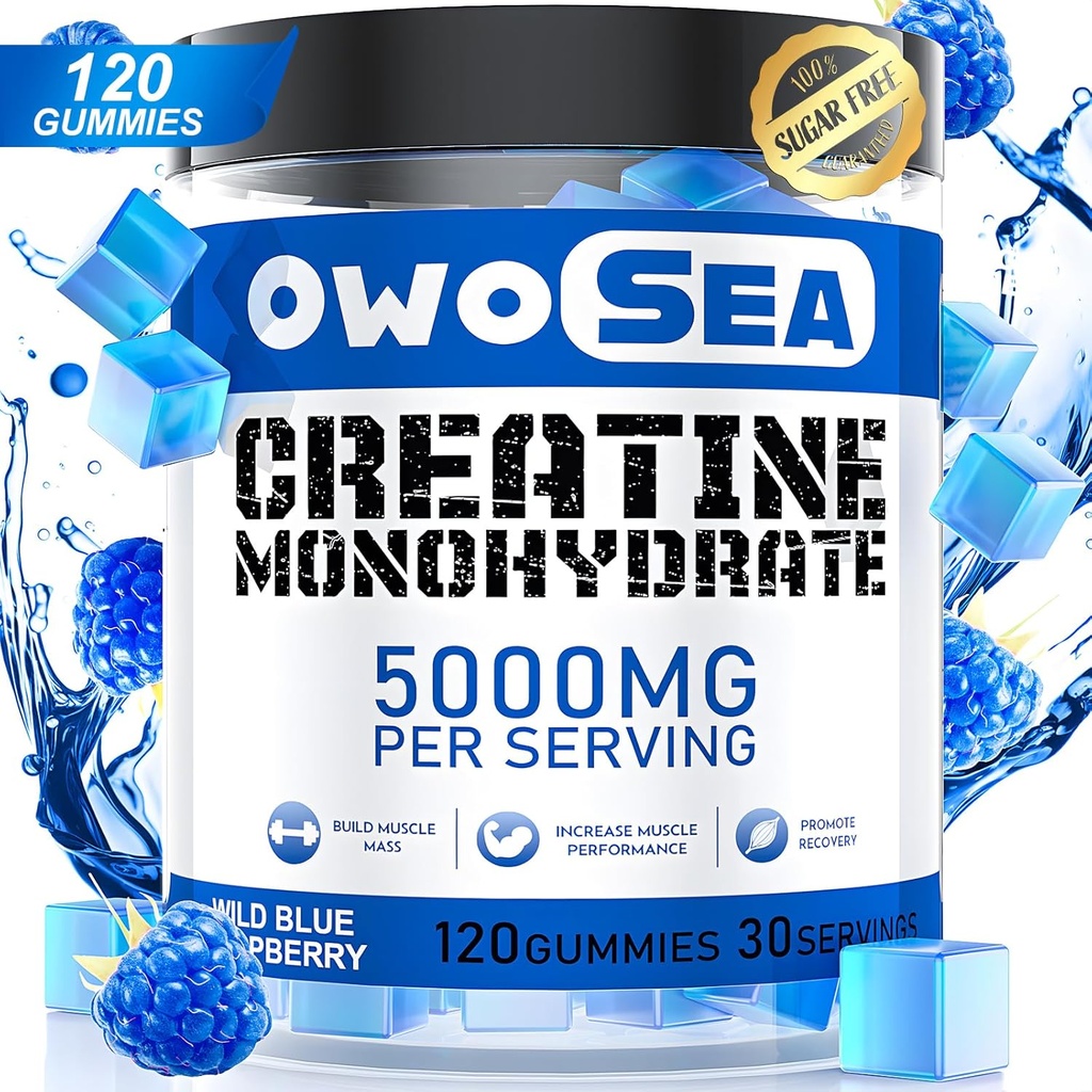 Creatine Monohydrát Žvýkačky pro muže a ženy 5000mg Creatine Monohydrát per Serving for Muscle Support Energy Boost 120 Počet Žvýkací 5g Creatin Supplement Cukr zdarma Vegan (1 balení, modrá Raspberry)