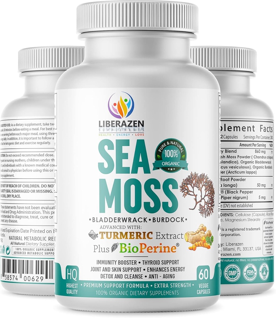 Organic Irish Sea Moss Pills - Wildcrafted Dr. Sebi Inspired Seamoss Blend with Turmeric, Burdock Root & Bladderwrack, Enhanced with Black Pepper - 60 Kapsle