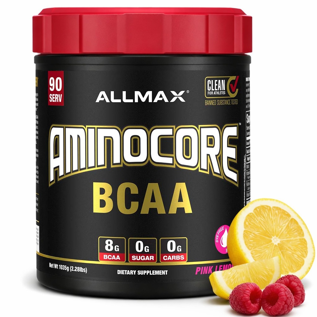 ALLMAX Nutrition AMINOCORE BCAA, Růžová limonáda - 945 g Prášek - 8.18 Gramy rozvětvených kyselin Amin Per Serving - s B vitaminy - No Filler nebo Non-BCAA Aminos - Cukr zdarma - 90 Služeb