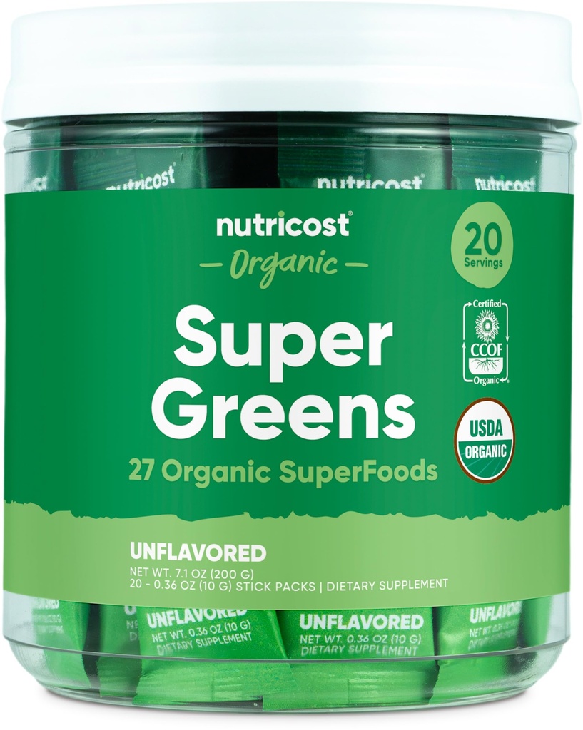 Nutricost Organic Super Green (bez příchutí) 20 Stickpacks - gluten- Free, Non- GMO