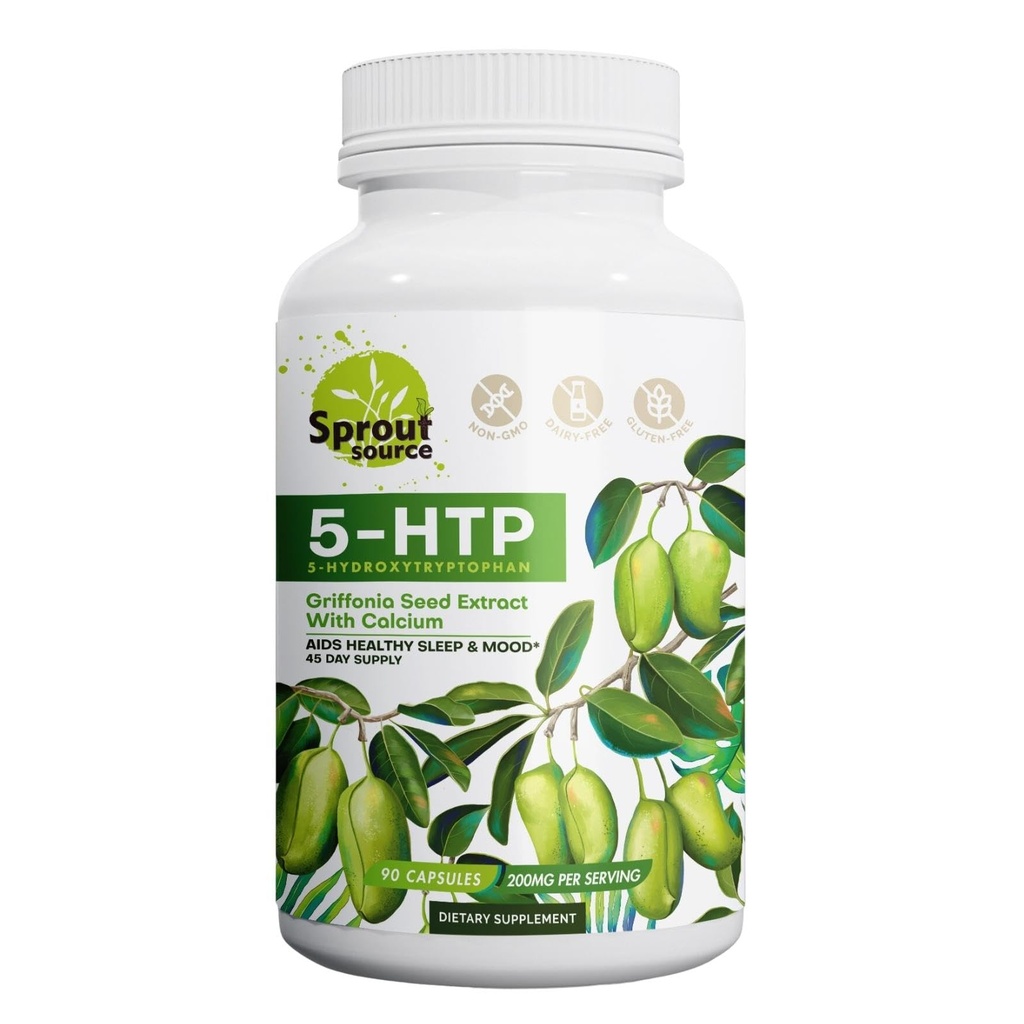 5-HTP doplněk 200mg, podporuje zdravý spánek & mood s vápníkem - Non- GMO, gluten- zdarma - 90 Kapsle