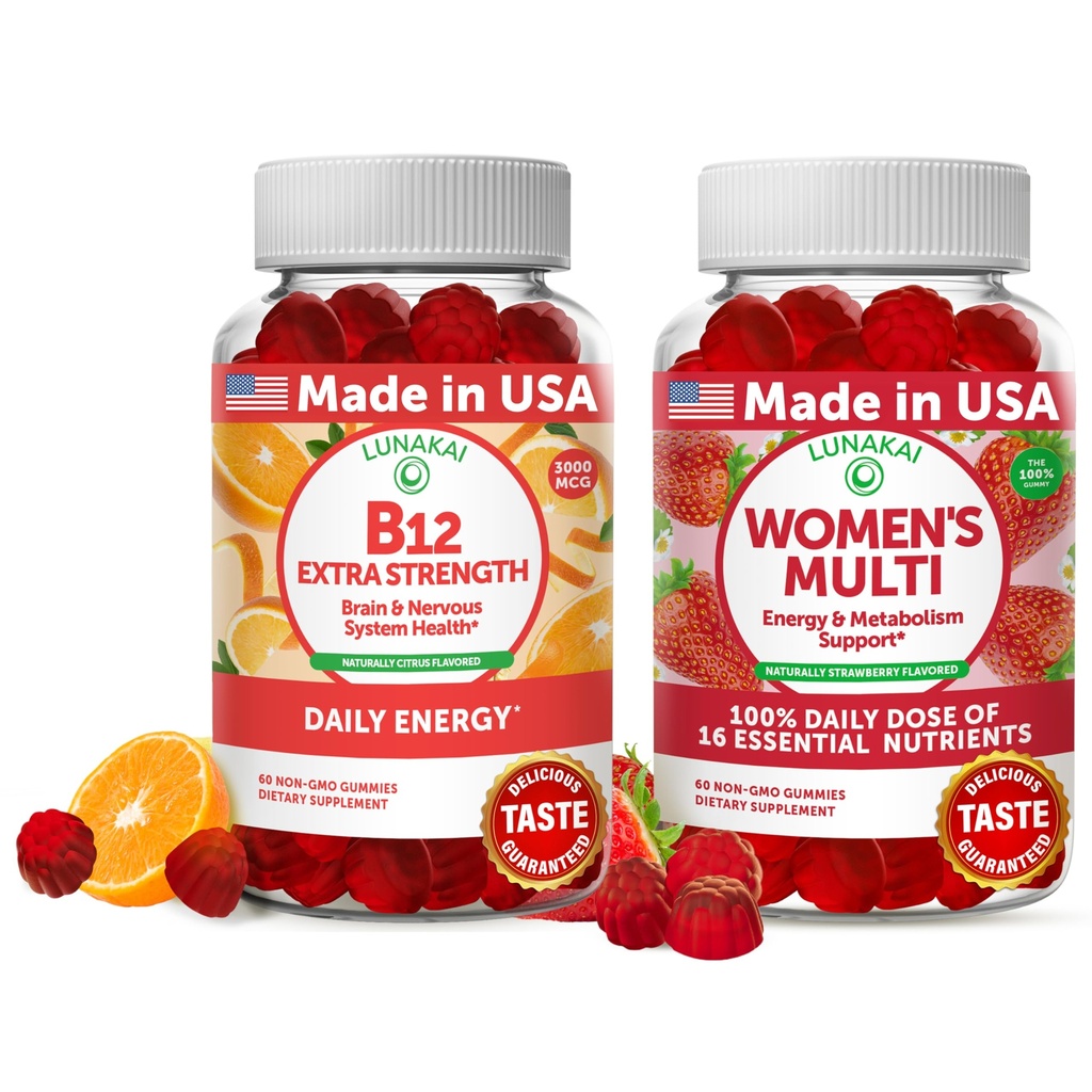 Lunakai Vitamin B12 a ženské multivitaminové gumy Bundle - 3000mcg Metylkobalamin High Absorpční energie Gummy - 100% denní hodnota 16 esenciální vitaminy a minerální doplňky - 30 dní dodávky