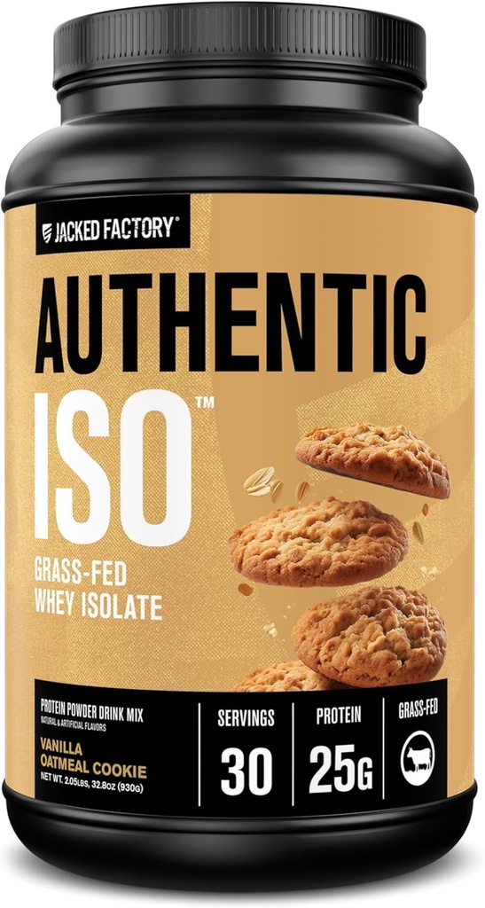 Jacked Factory Authentic ISO Grass Fed Whey Protein Isolate Powder - Low Carb, Non-GMO Muscle Building Protein w / No Fillers, Post Workout Recovery, Vanilla Oatmead Cookie