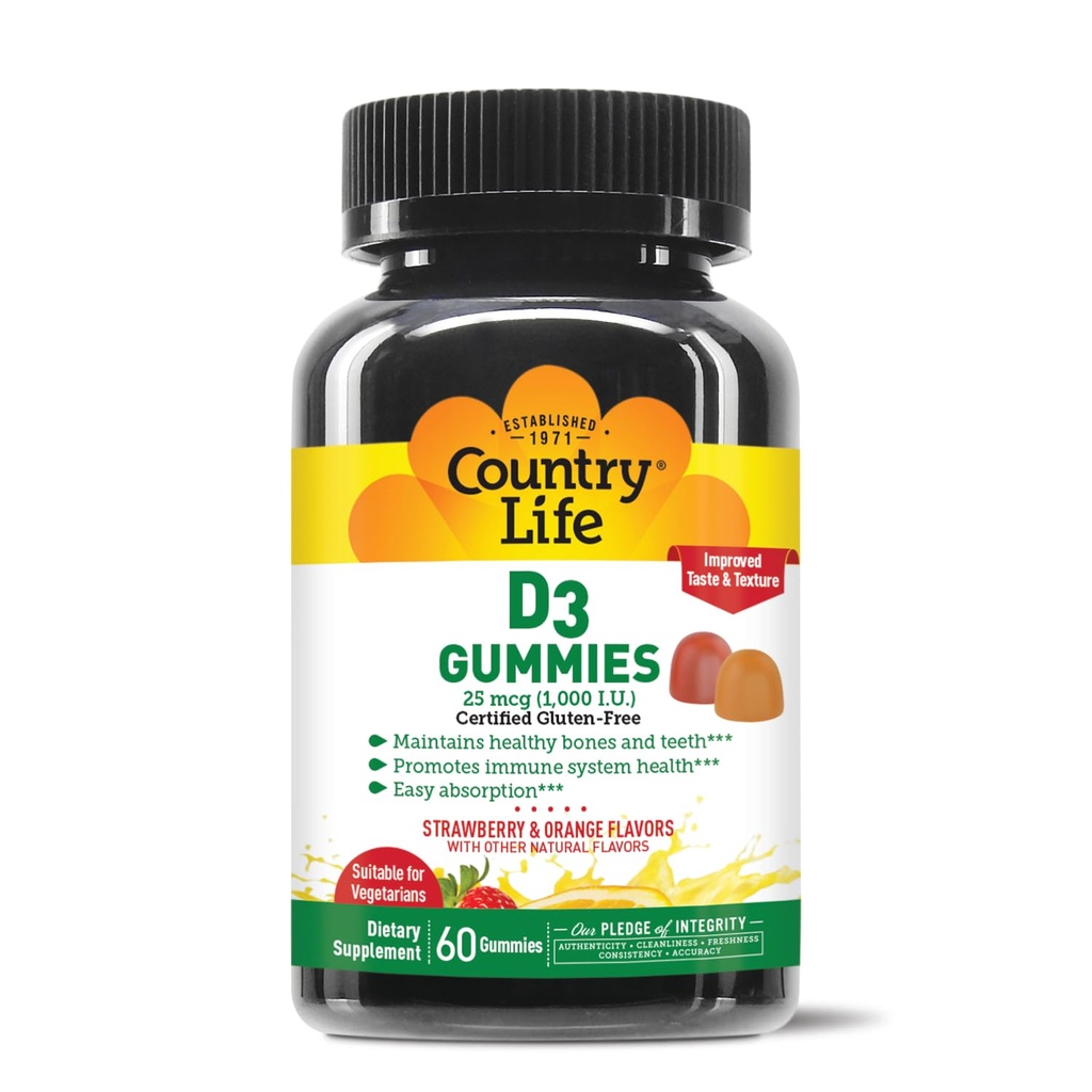 Country Life Vitamin D3 Gummies - 1000 IU Cholekalciferol, 60 Počet - Podporuje kostní a imunitní zdraví - Vegetariánské, gluten- Free, Jahody a pomerančové příchutě - Pectin- based, Žádné umělé sladkosti