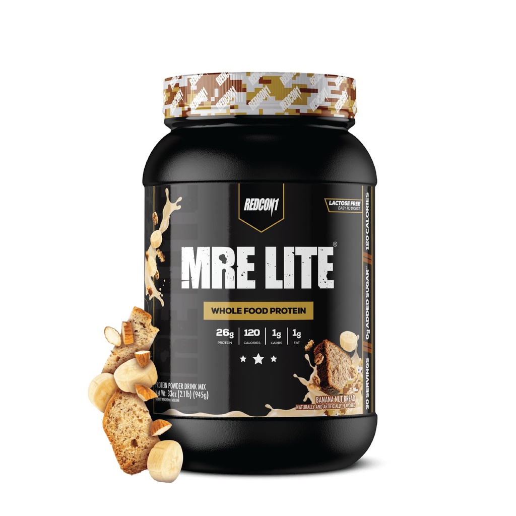 REDCON1 MRE Lite celý potravinový protein Powder, Banana Nut Chléb - Nízké sacharidy & syrovátka Free Meal Náhrada se zvířecími bílkovinnými směsi - Snadný Digest dodatek vyrobený s MCT oleje (30 Služeb)