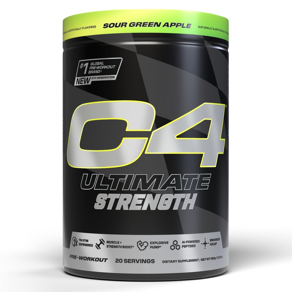 Cellucor C4 Ultimate Strength Pre Workout Powder - Tri- Stim Experience 300mg Caffeine + TeaCrine + Dynamine - Creatine & Beta- Alanin - Energetický dodatek pro muže a ženy - Sour Green Apple, 20 Služeb