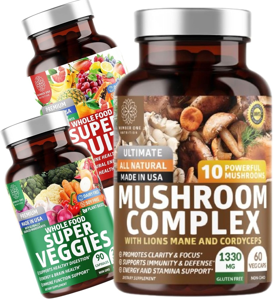 Number One Nutrition N1N Premium Houbový komplex [10 Výkonné houby] a Super Ovoce a Veggies [40 Celý ovoce a zelenina], 2 Pack Bundle