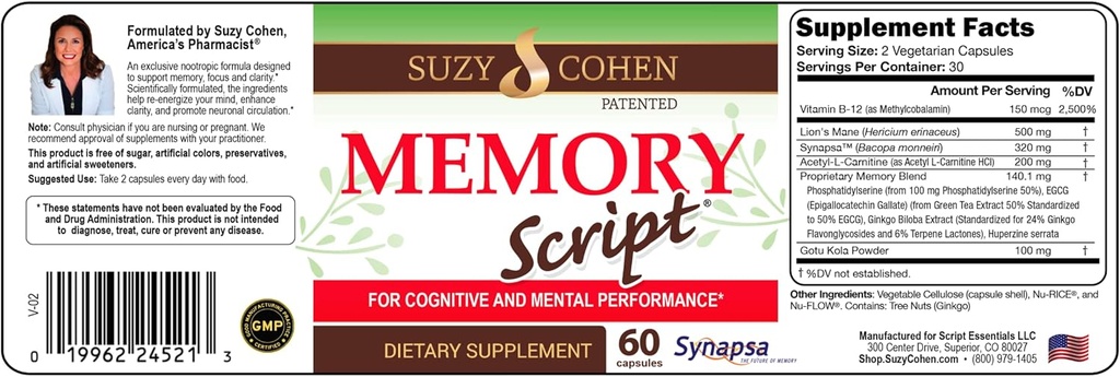 Suzy Cohen Memory Script with Lions Mane, Fosfatidylserine, Green Tea Extract and Ginkgo - Brain Supplement for Focus - Nootropic Capsules for Cognition, Faster Recall and Mood