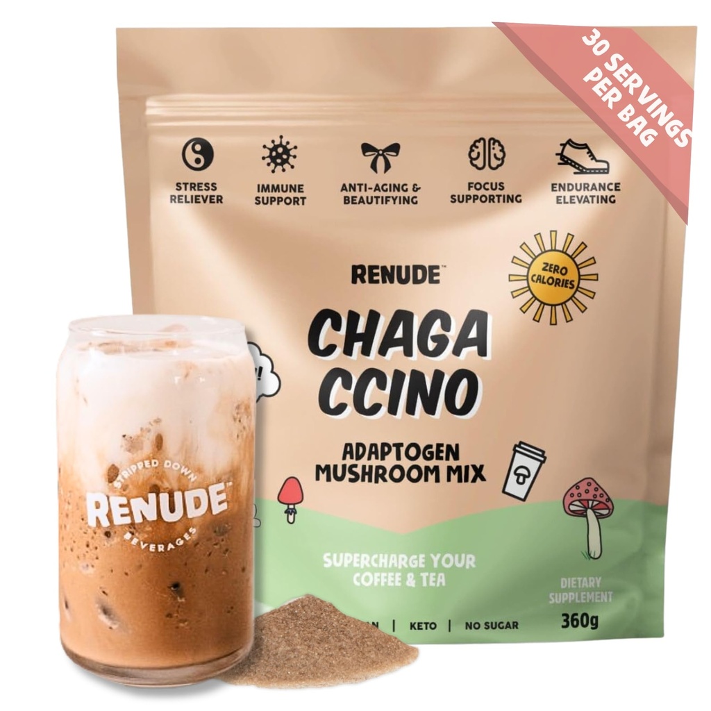 Reude Chagaccino - Chaga Houba Powder, Houba Coffee Drink Mix s adaptogeny, přírodní energie a imunitní podpora, Vegan, Keto, Nulová kalorie Houba Směs Powder - 30 Služební