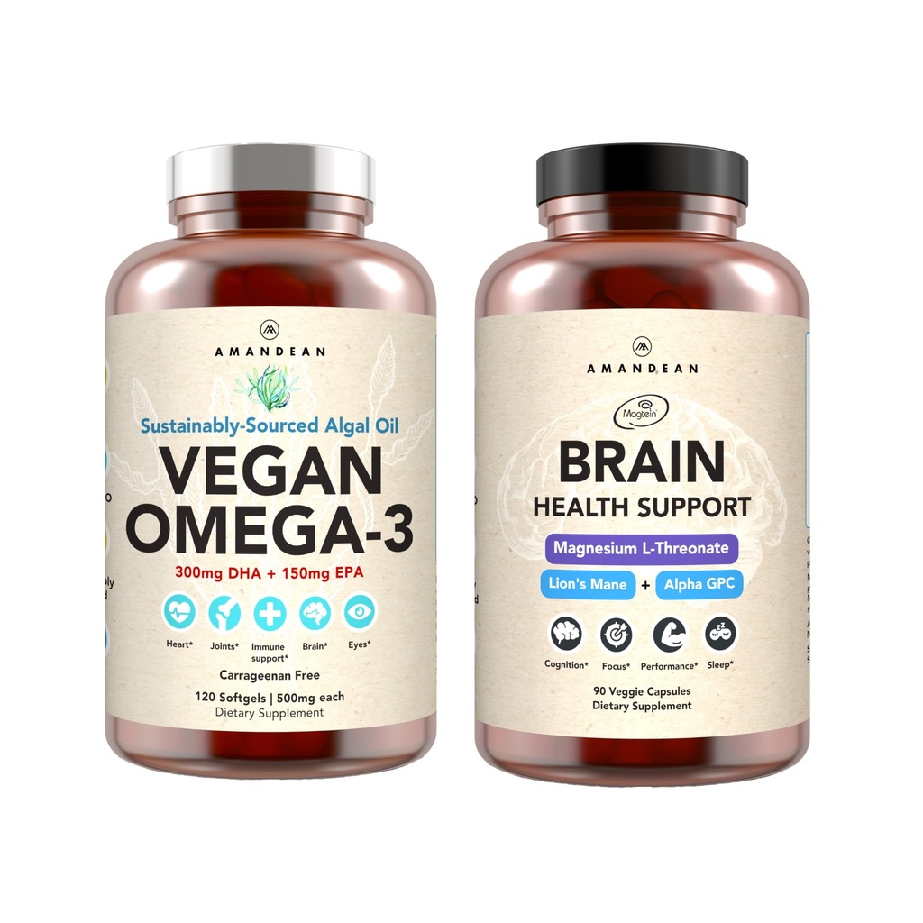 AMANDEAN Brain & Vegan Omega33 Bundle: Magnesium Threnate, USA-Grown Lion 's Mane 6: 1, Alpha-GPC & Algae DHA / EPA. Plant- Based Essential tuky pro mozek, oko, srdce a kůži zdraví. Fish Oil Alternative.