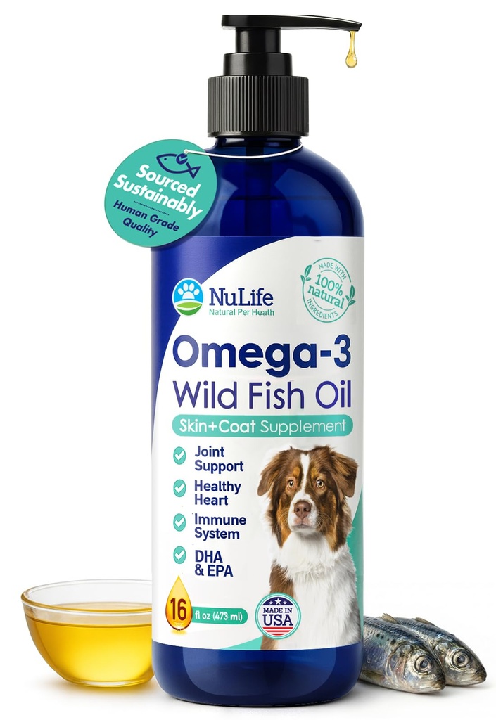 Liquid Fish Oil pro psy s Omega 3, 6 & 9 mastné kyseliny, Wild chycené z Islandu, kůže a kabát dodatek pro vypouštění, svědění kůže, alergie, mozek a srdce zdraví, bohaté na EPA + DHA - 16 oz