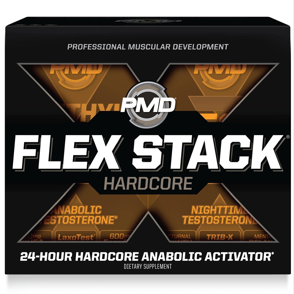 PMD Sports Flex Stack Hardcore 24- Hodina Zdravý zásobník pro zvýšenou svalovou hmotu, sílu, snížit citlivost, Libido a Restful Sleep - Methyl Andro Hardcore 90 Kapsle, Z- Test 90 Kapsle