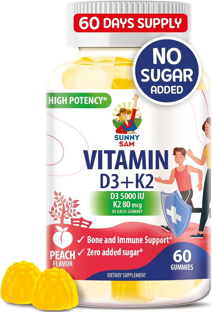 Sugar- Free Vitamin D3 K2 Gummies 5000 IU - Imunitní a kostní podpůrná gumy - Vitamin D Gummy dodatek pro dospělé - High- Absorpce, Vegan, Halal, Gluten- Free Chewable Vitamíny