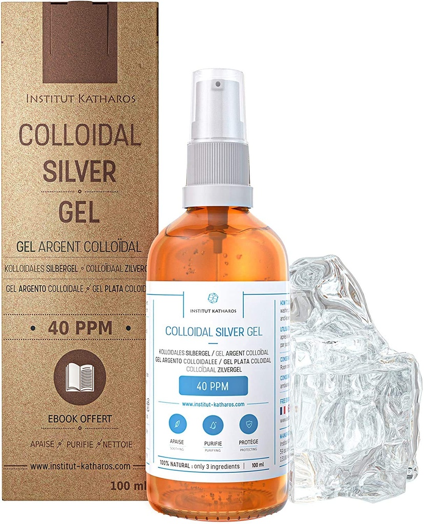 Čistá koloidní stříbrná gel 40 PPM • 100% přírodní a pouze 3 ingredience • Optimální textura a absorpce (lepší než krémy) • jantarové sklo a ultrapraktické čerpadlo • Ebook Zahrnuto • Institut Katharos
