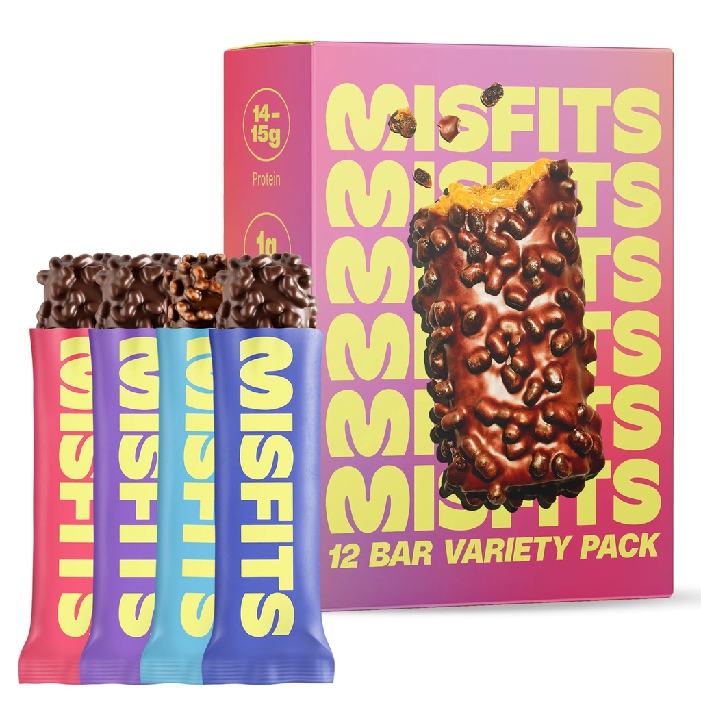 Misfit Protein Bary - High Protein Candy Bary 124; Gluten Free Plant Based, Nízký cukr & Carb, High Fiber Snacks CU124; Variety Pack of 12 (4 Flavors)