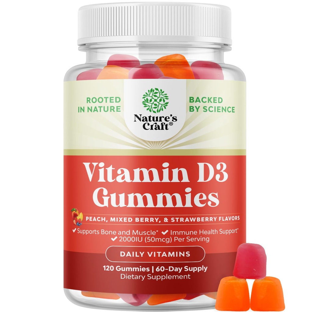 Natures Craft Vitamin D3 Gummies pro denní wellness - Delicious Vitamin D Gummies pro dospělé s D3 2000IU na Serving Bone Muscle & Imunitation Support - Non- GMO Gelatin & gluten zdarma (60 Day Supply)