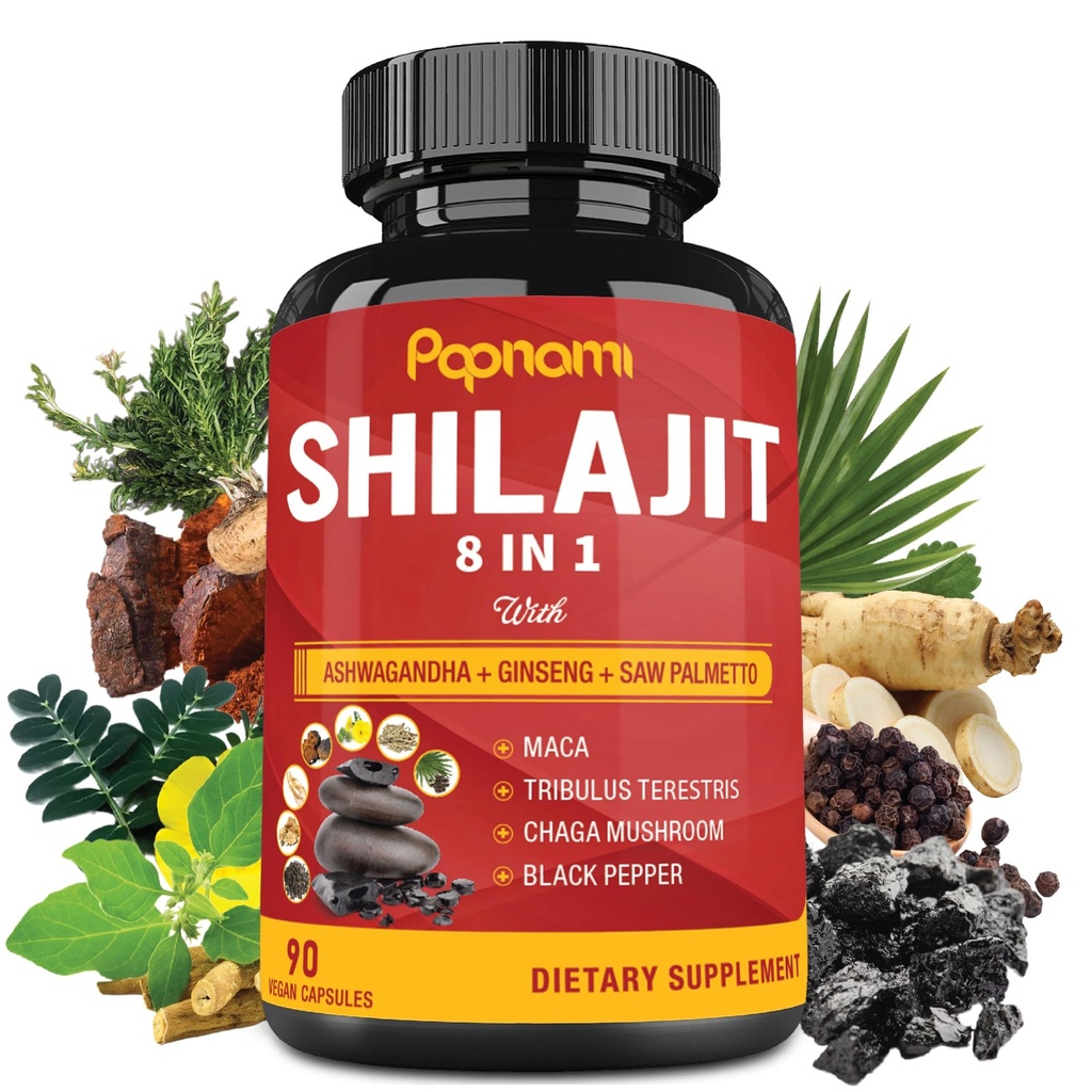 Shilajit Himalájské kapsle - 3 měsíční dodávky - Kombinovaný Ashwagandha, Ginseng, Saw Palmetto, Maca, Tribulus, Chaga, Black Pepper