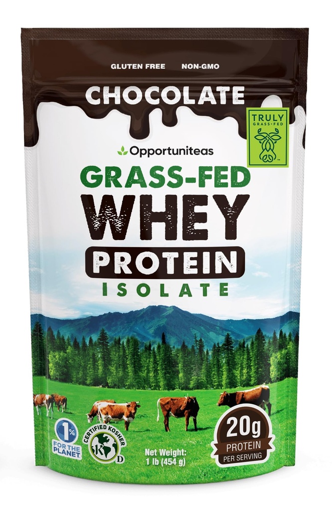 Oportuniteas Grass Fed Chocolate Whey Protein Isolate Powder - 20g Protein Powder Without umělé sladkosti, Hormone-Free Happy Cows, Non GMO - 1lb