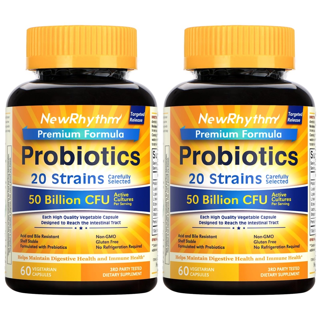 Newrhythm Probiotika 50 Miliardy CFU 20 Strains, 120 Veggie Kapsle, Cílené uvolňování technologie, Žaludeční kyselina odpor, No Need for Librageration, Non- GMO, Gluten zdarma