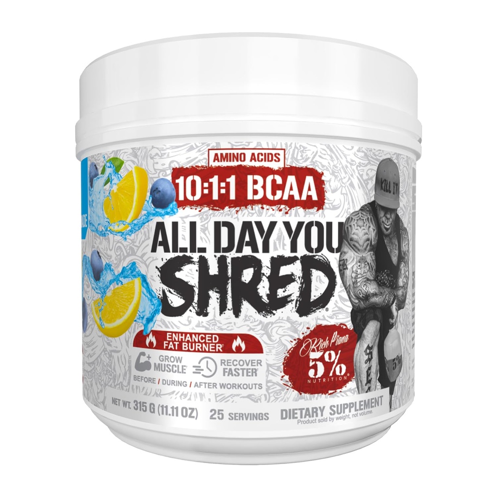 5% Nutrition Rich Piana AllDayYou Shard BCAA Powder 124; Amino Acid dodatek pro hubnutí 124; Elite Fat Burning Pre Workout for Energy, Hydration, Endurance & Recovery (Blueberry Lemonade)