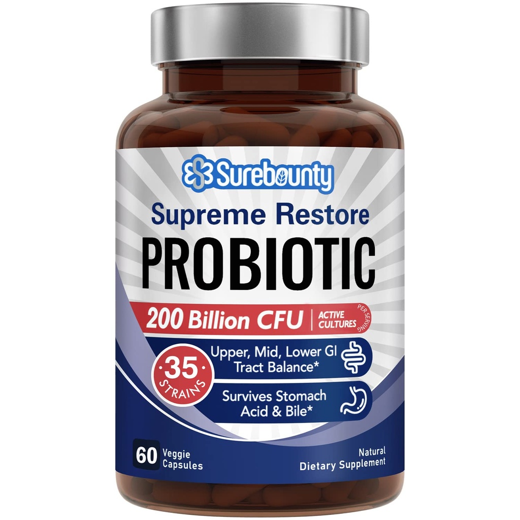 Probiotika pro muže a ženy, 200 miliard CFU 35 Stravovací šňůry, Prebiotika + Dědičné Enzymy, Nejvyšší obnova Probiotický dodatek, Horní, Střed, Dolní GI Tract Balance, 60 Veggie Kapsle, 1 měsíc