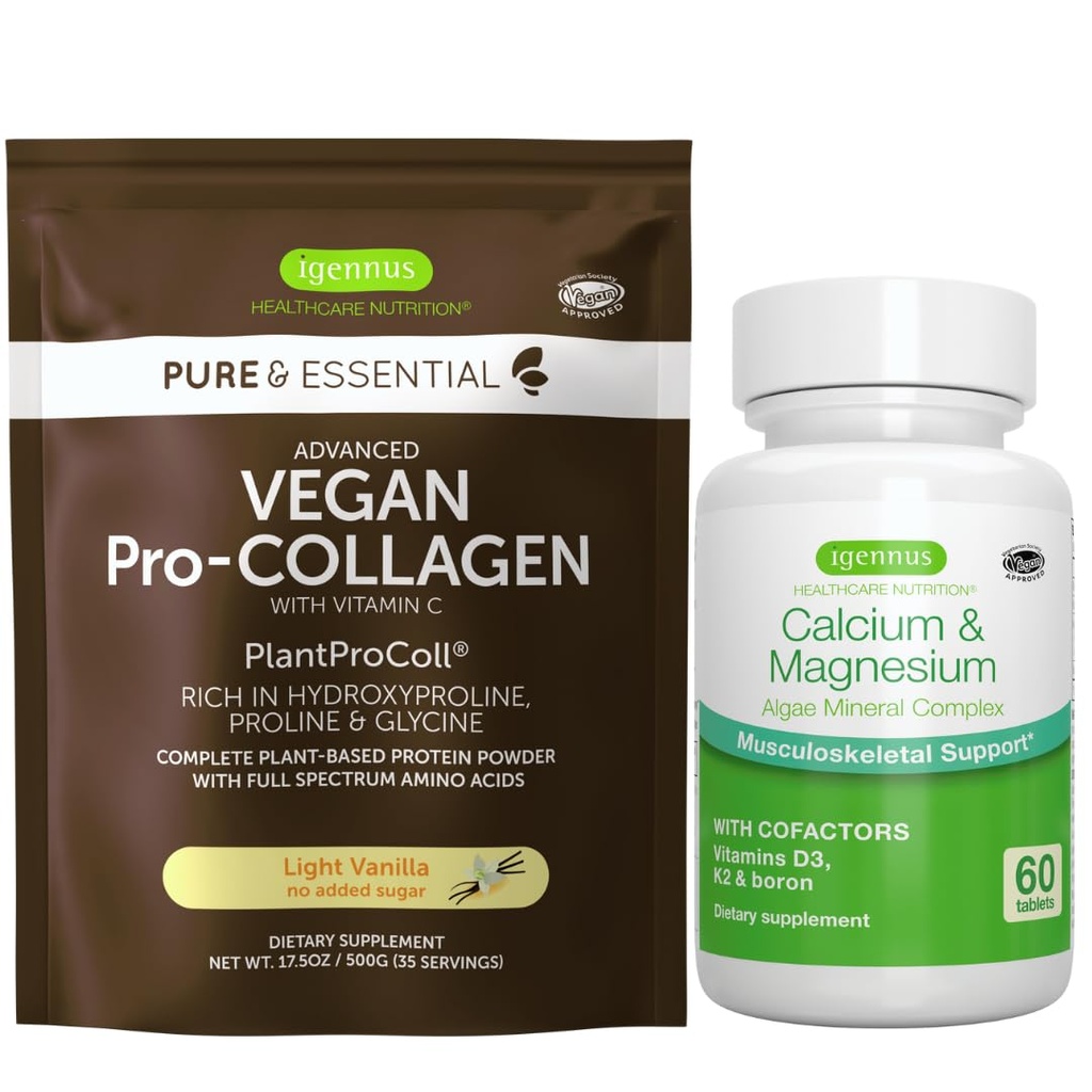 Vegan Vanilla kolagen protein Powder + vápník a hořčík Complex Bundle, Komplexní podpora kostí, od Igennus