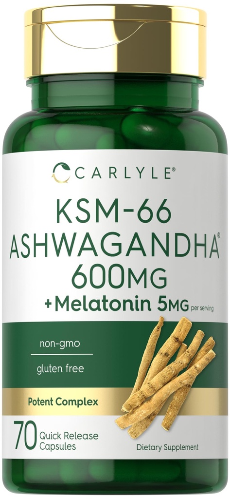 Carlyle KSM- 66 Ashwagandha Kapsle 600mg 600mg 600mg 600mg 6004; 70 Počet 124; s melatonin 5mg 5mg 6004; Potenciální komplex 124; Non- GMO, gluten bez
