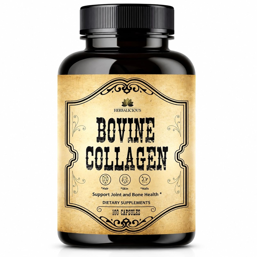 HERBALICOUS Bovine Collagen doplňky pro muže a ženy CARL 124; Hydrolyzované travnaté-Fed Bovine Collagen Peptides CARL 124; Joint, Nerve & Bone Support CARL 124; Non- GMO, Anti- Aging CARL 124; 100 Kapsle