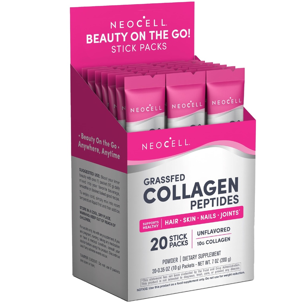 NeoCell Super kolagen Peptides, 10 g kolagen / Single- Serve Packet; Keto Certified, gluten Free; pro zdravou pleť, vlasy, nehty a společné podpory; * Neochucený prášek, 20 Služebníci, 7 Oz.