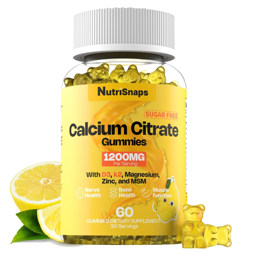 Sugar Free vápník Citrát Gummies 1200mg s vitamínem D3 K2, hořčík, zinek, MSM pro muže a ženy, kost, svalovina, imunitní podpora, Ultimate Absorpce doplněk vápníku, Vegan, 60 Počet