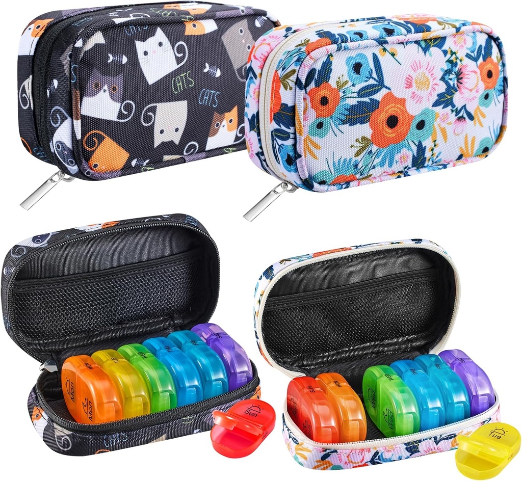 Serfeymi Týdenní cestovní pilulky Organizátor 2 krát denně PM Rainbow Pill Box 7 Den se Zipper Canvas Pill Case, Lékařský organizátor pro pilulky, Vitamíny, Rybí oleje - Black 02 + Bloom 01