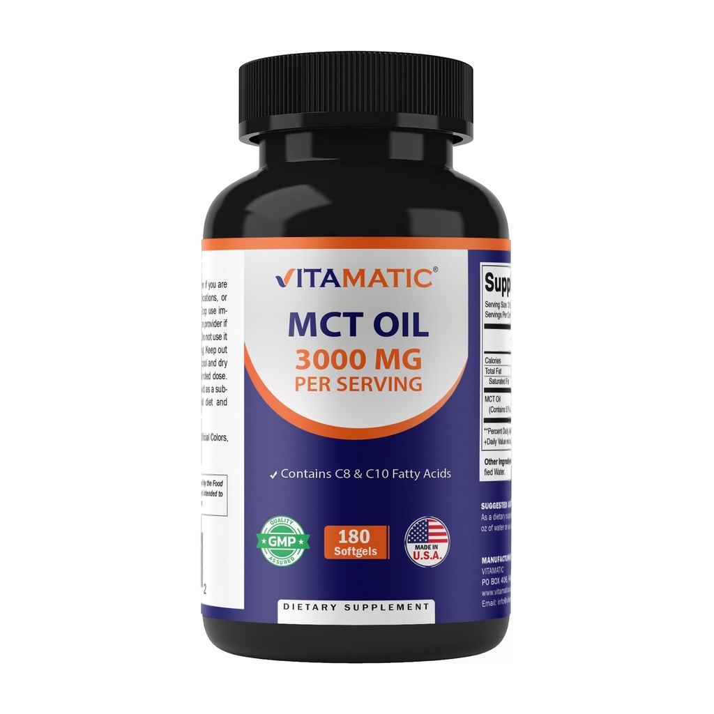 Vitamatic MCT Olej 3000 mg na jednu porci - 180 Softgels - z Coconut Oil - Obsahuje 55% kyseliny kaprilové C8 a 40% kyseliny capric C10