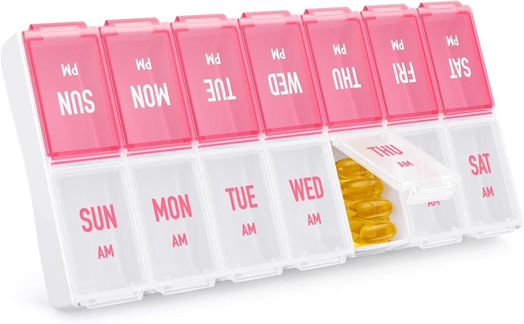 Týdenní Pořadatel pilulek 2 krát denně, Stylová krabička s 7 dnem PM s velkými díly, Pouzdro na pilulky snadné použití, BPA- Free Pill Container pro vitamíny, rybí oleje, doplňky, léky, růžové