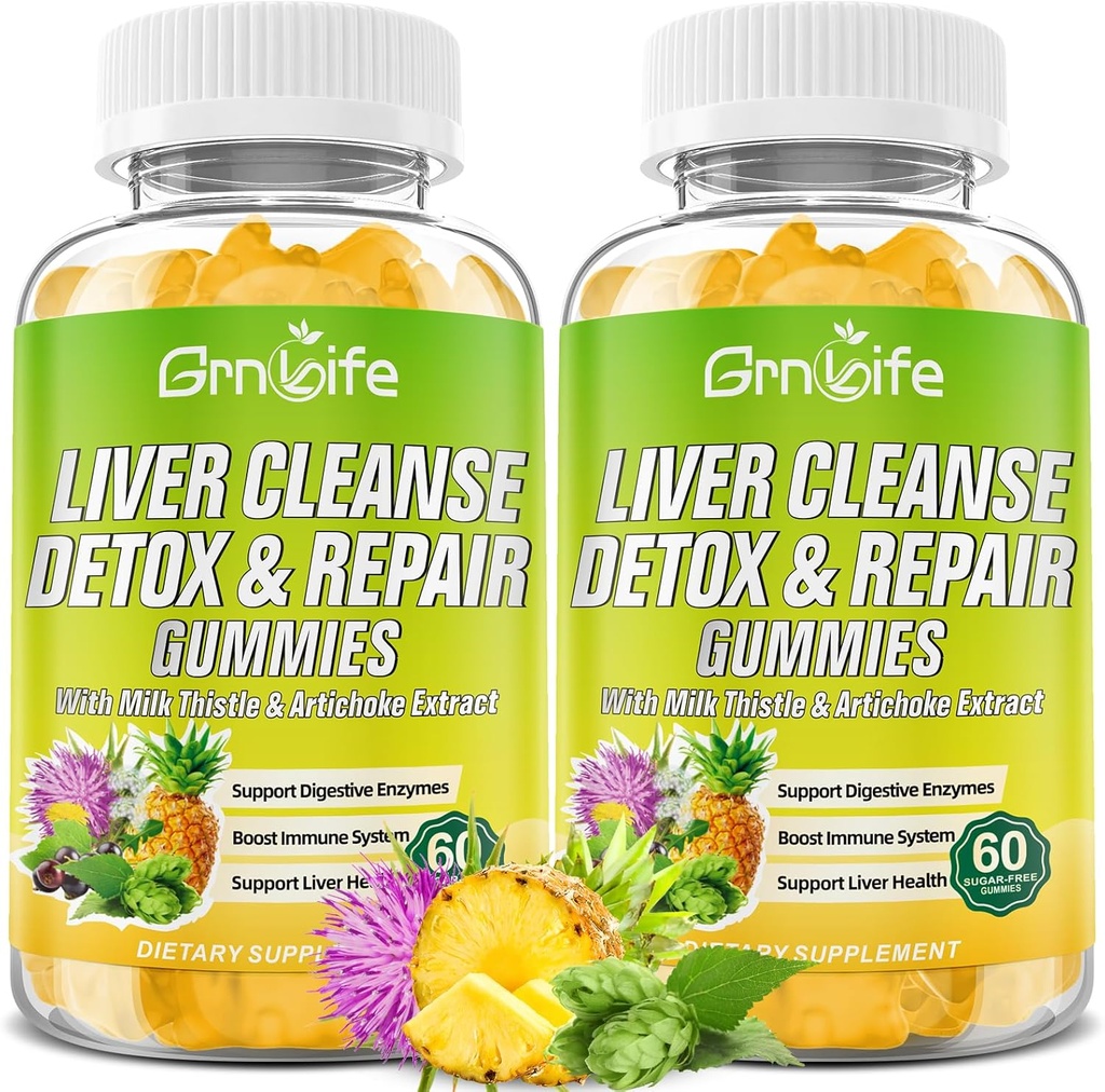 Vyčištění jater Detox a opravy žvejkačky s Mlékem Thistle 3000mg, 24-in-1 Příplatek pro zdraví jater s Pampeliška, Artichod, Cukr Volný Játra Detox Gummies, Ananas Flavor - 120 Počet