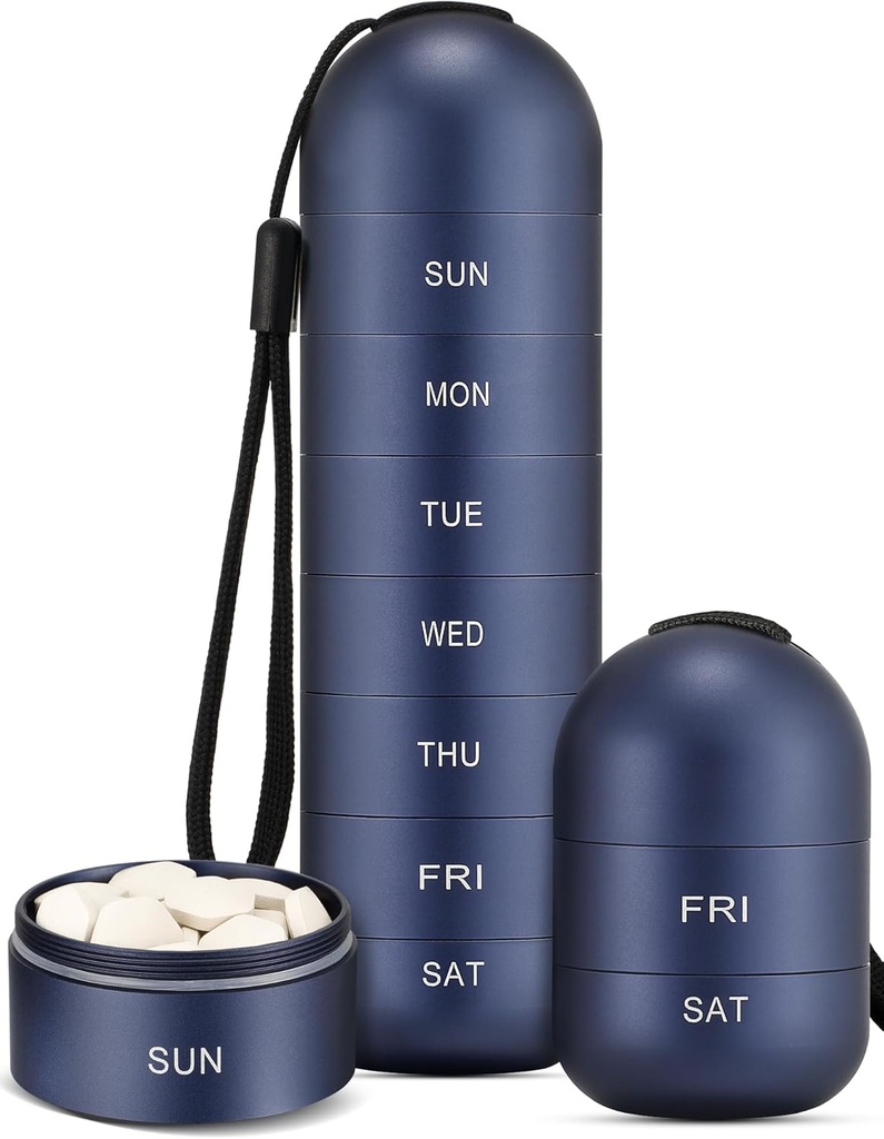 Zannaki Metal Moisture Proof Weekly Pill Organizátor, Stackable Aluminium Alloy BPA Bezplatné cestování 7 den Pill Box Pouzdro vodotěsné a velké kompartment držet pilulky, vitamíny, rybí olej, doplňky