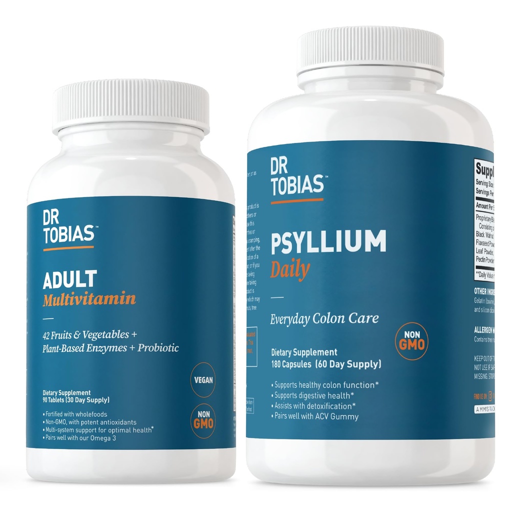 Dr. Tobias Dospělý Multivitamin & Psylium Daily podporuje energii, imunitu a zdravé Bowel Movements s 42 Ovoce a Vegatables, Psllium Husk, Bentonit Clay, Flaxseed & přírodní složky