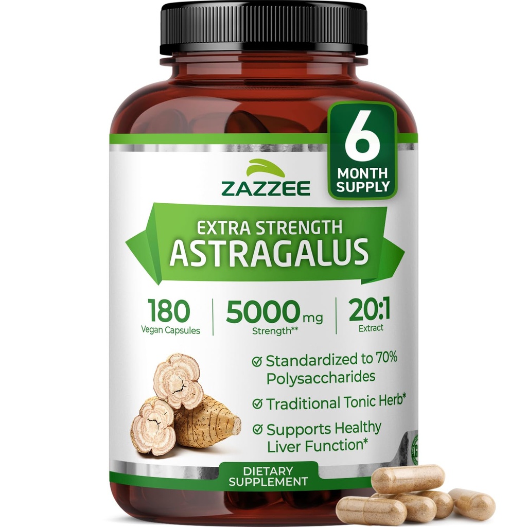 Zazzee Extra Strength Astragalus Root 20: 1 Extract, 5000 mg Strength, 70% Polysacharidy, 180 Vegan Kapsle, 6 Month Supply, 100% Vegetarian, Standardizované a koncentrované 20X Extract, Non- GMO